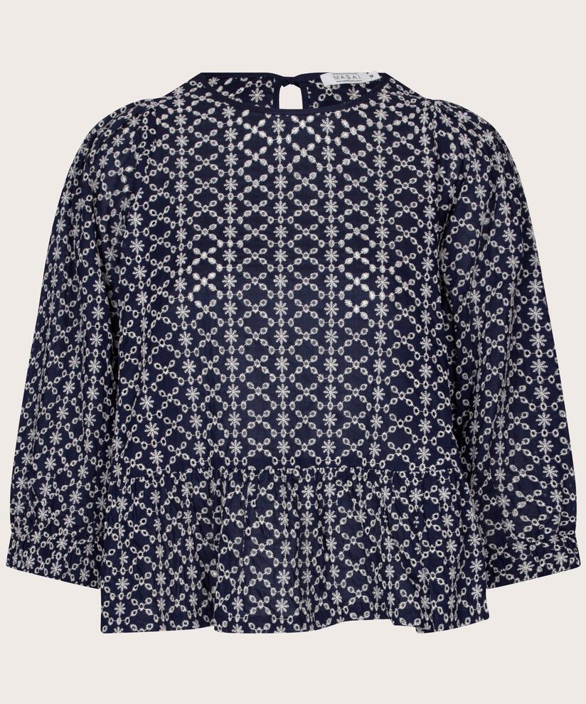 Baumwollbluse mit Lochmuster, Maritime Blue