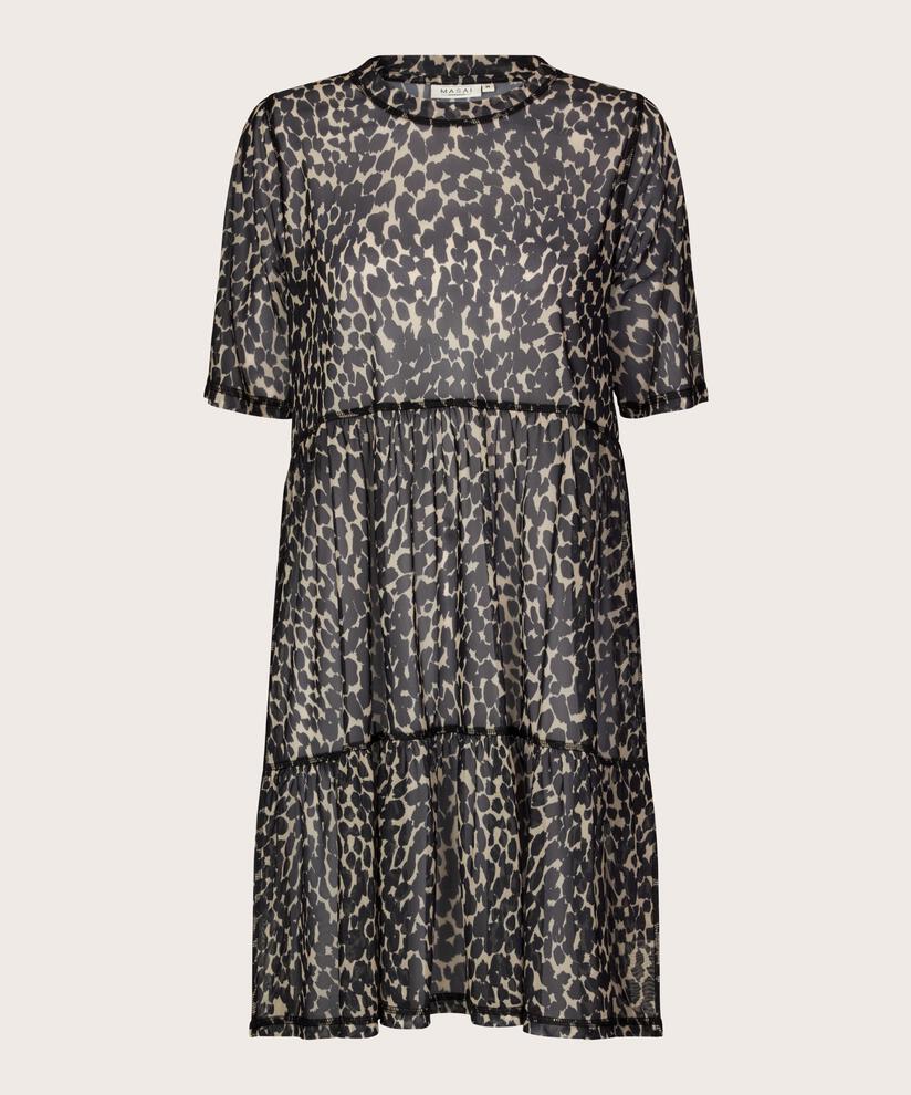 Mesh-Kleid mit Leopardenprint und kurzen Ärmeln, Black