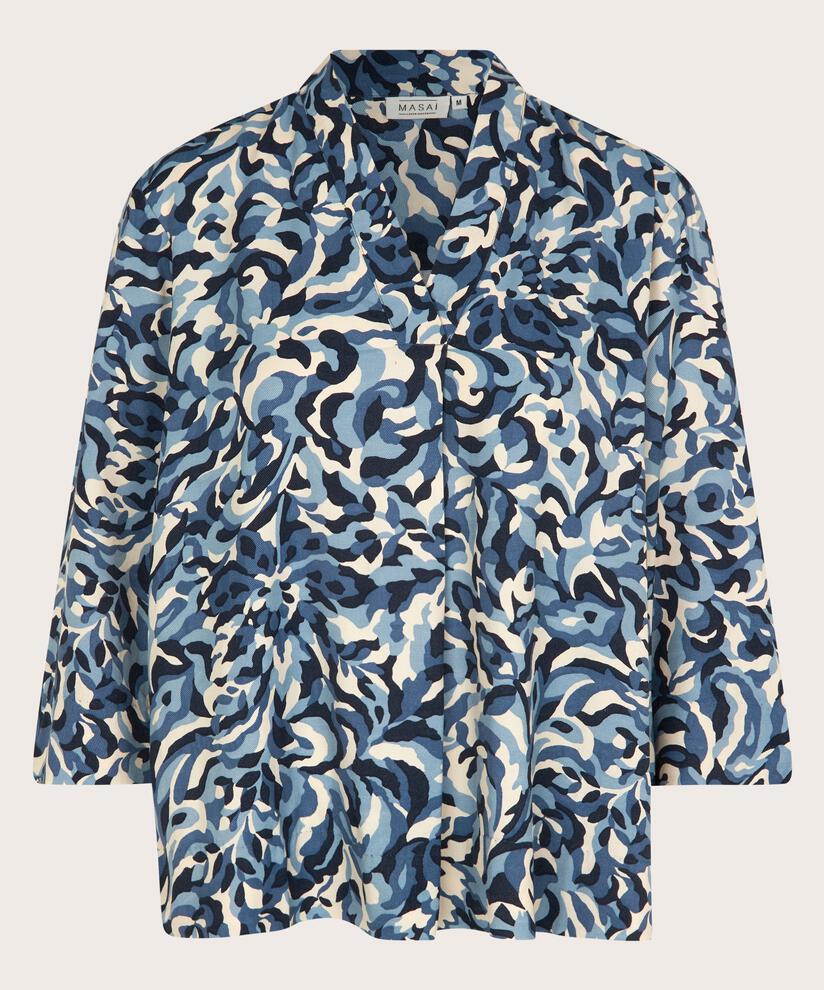 Bedruckte Viskosebluse mit V-Ausschnitt, Ashley Blue