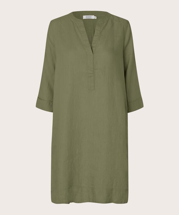Leinenkleid mit V-Ausschnitt und Eingrifftaschen, D. Lichen Green