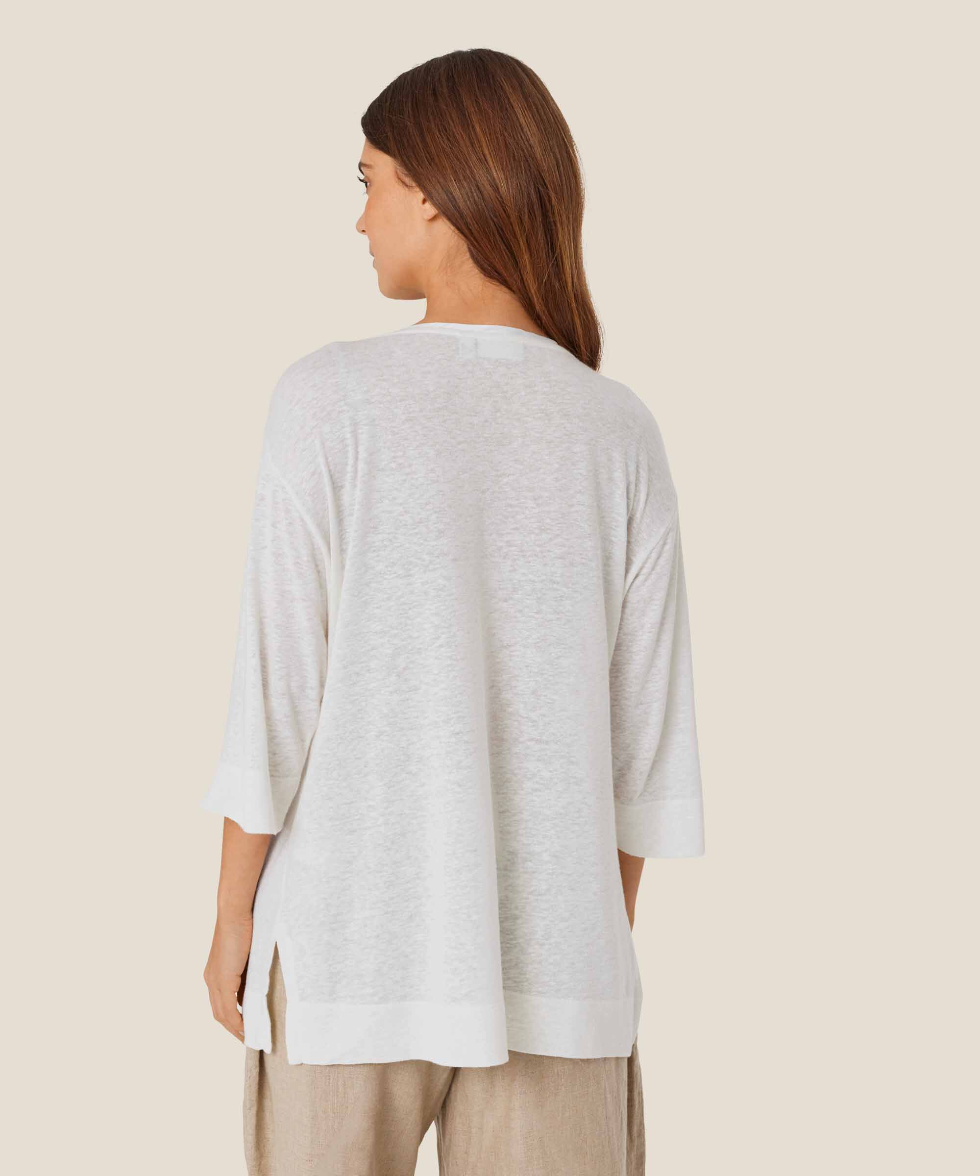 Top aus Leinenmischung mit Rundhalsausschnitt und 1/2 Ärmeln, White