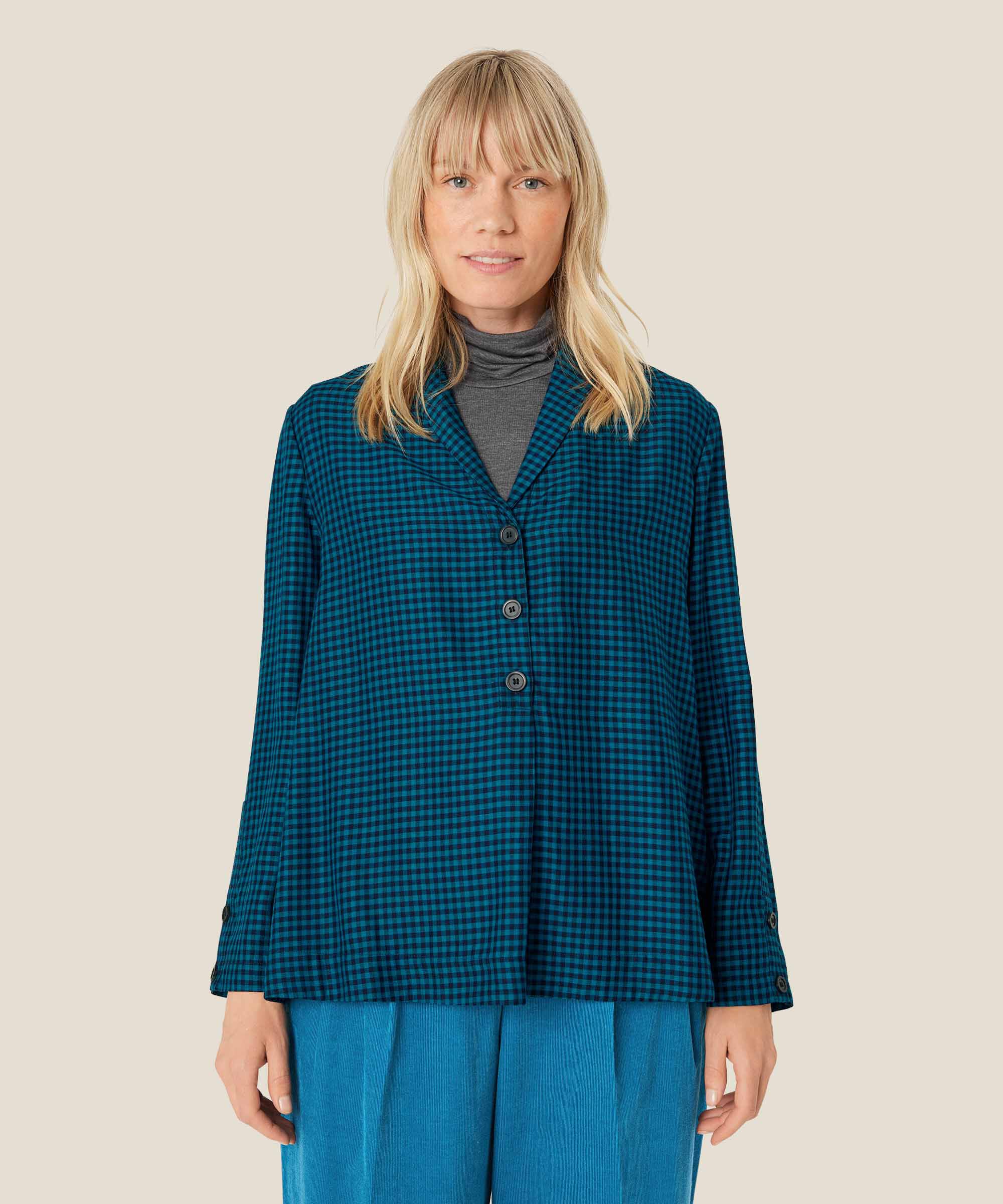 Karierte Viskosebluse mit Knopfdetail, Celestial