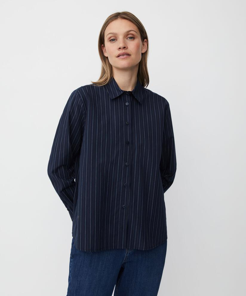 Nadelstreifen-Baumwollhemd mit längerem Rücken, Navy Blazer