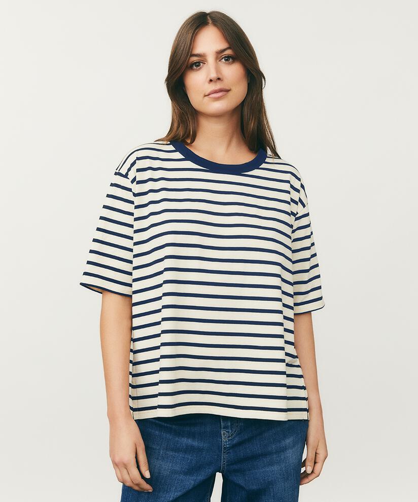 gestreiftes T-Shirt mit Rundhals, Navy Blazer