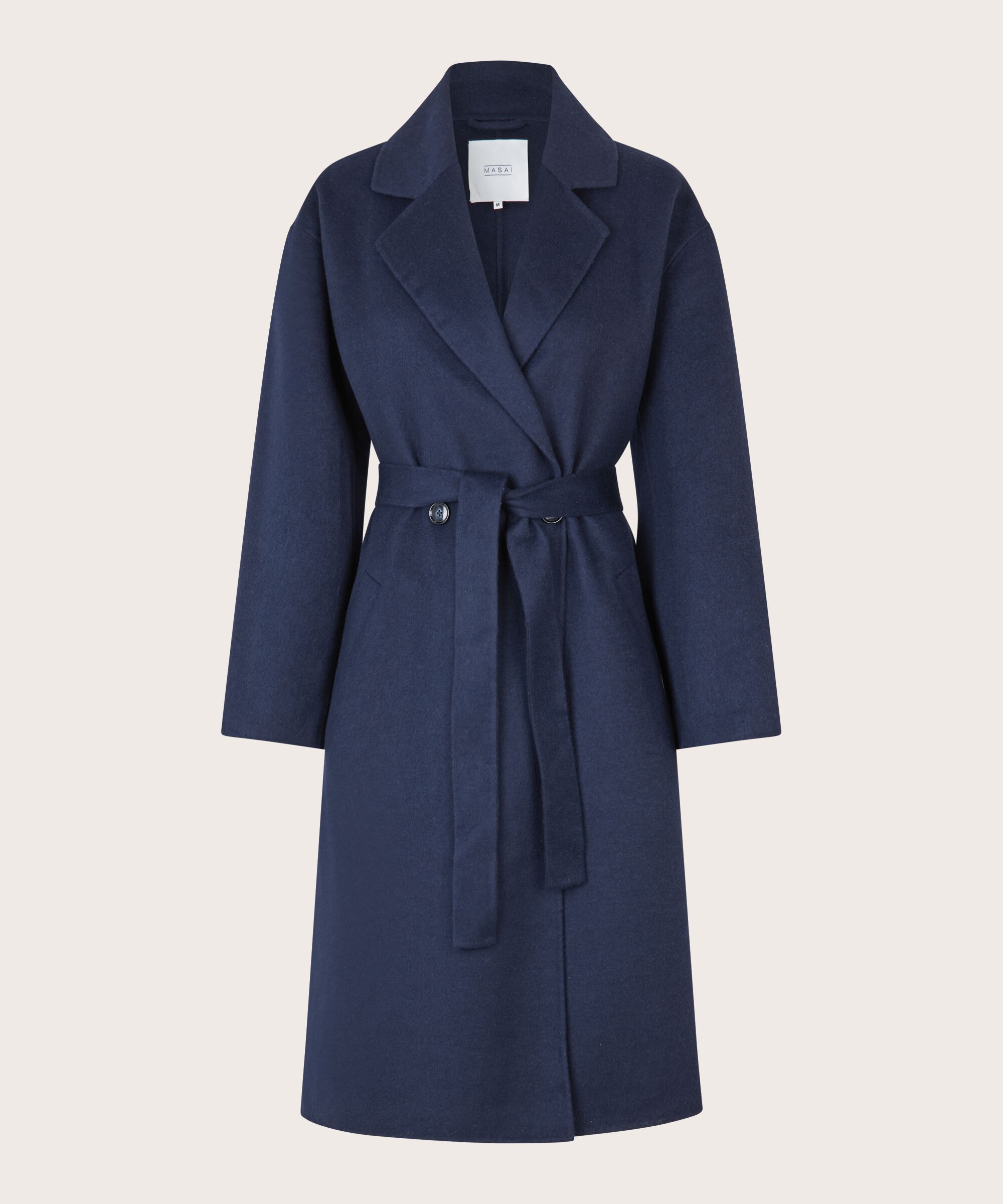 langer Wollmantel mit Bindebändern, Maritime Blue