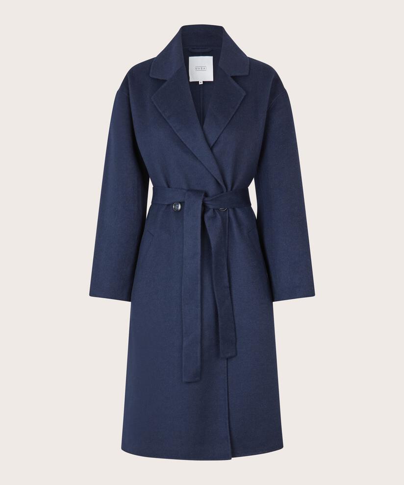 langer Wollmantel mit Bindebändern, Maritime Blue