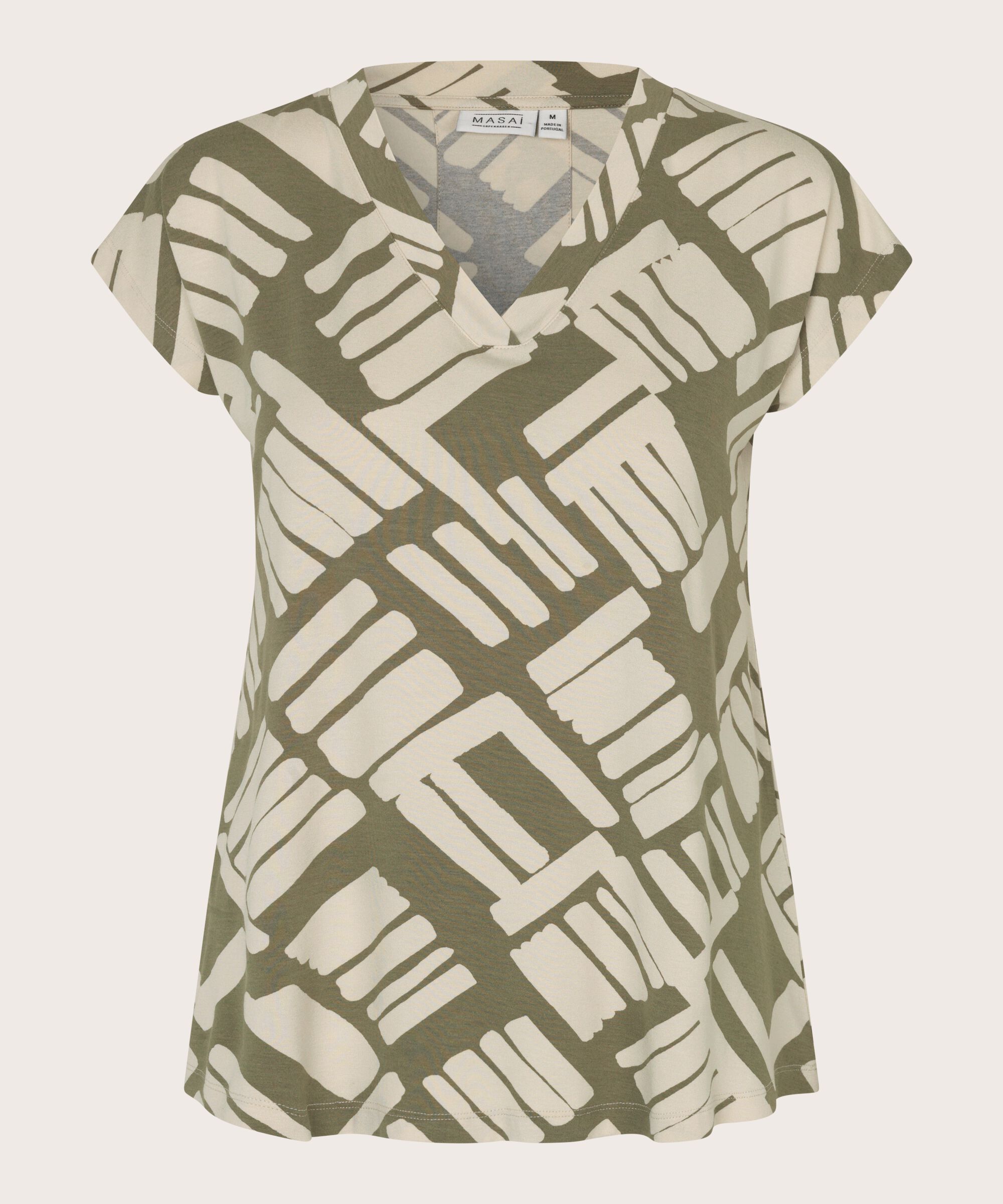 Bedrucktes T-Shirt mit V-Ausschnitt, Dusky Green