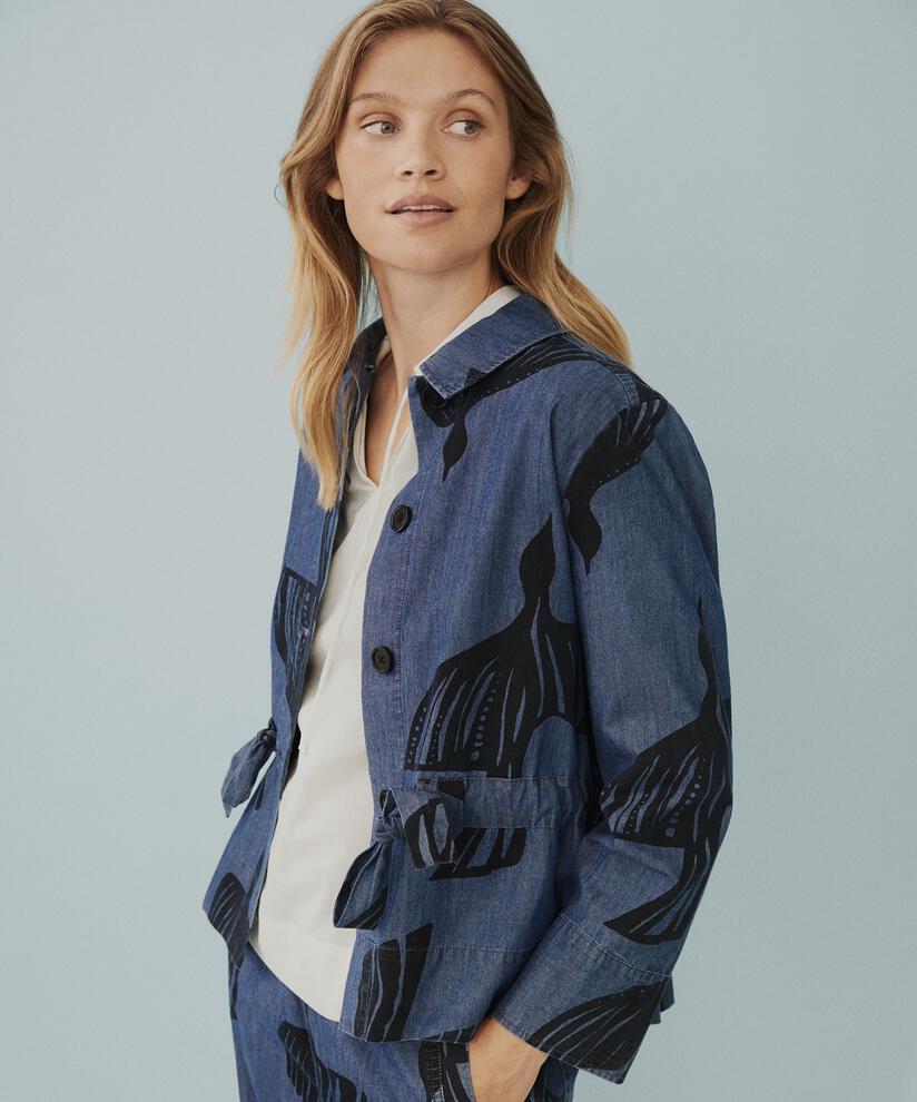 Bedruckte Jeansjacke mit Bindeband in der Taille, Dark Denim
