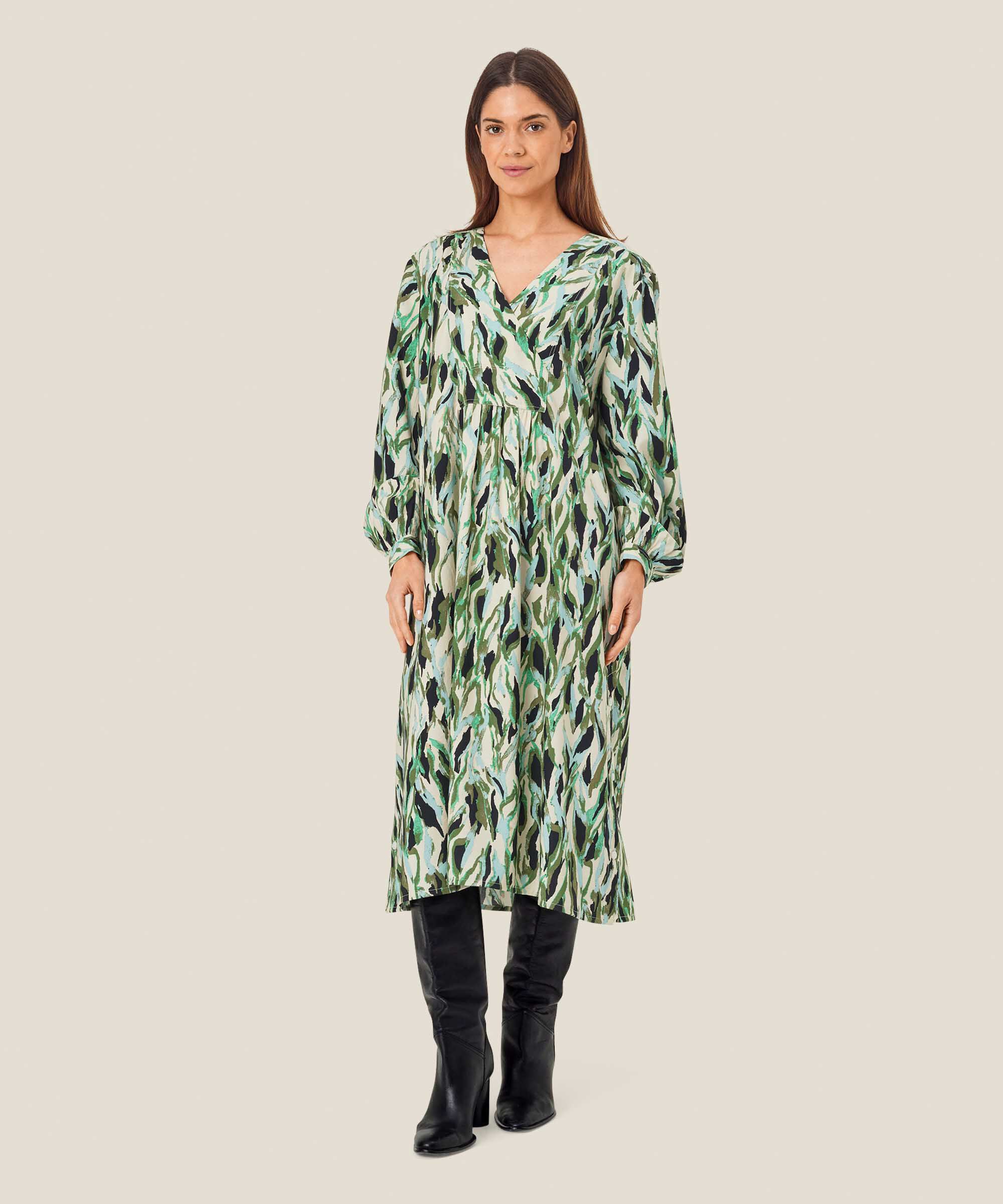 Bedrucktes Kleid mit V-Ausschnitt und Falten hinten, D. Lichen Green