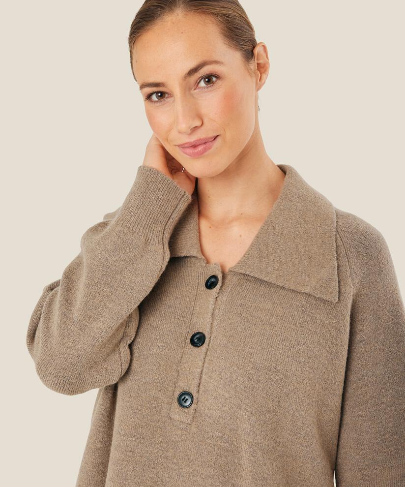 Strickpullover mit Kragen und Knöpfen, Mink melange