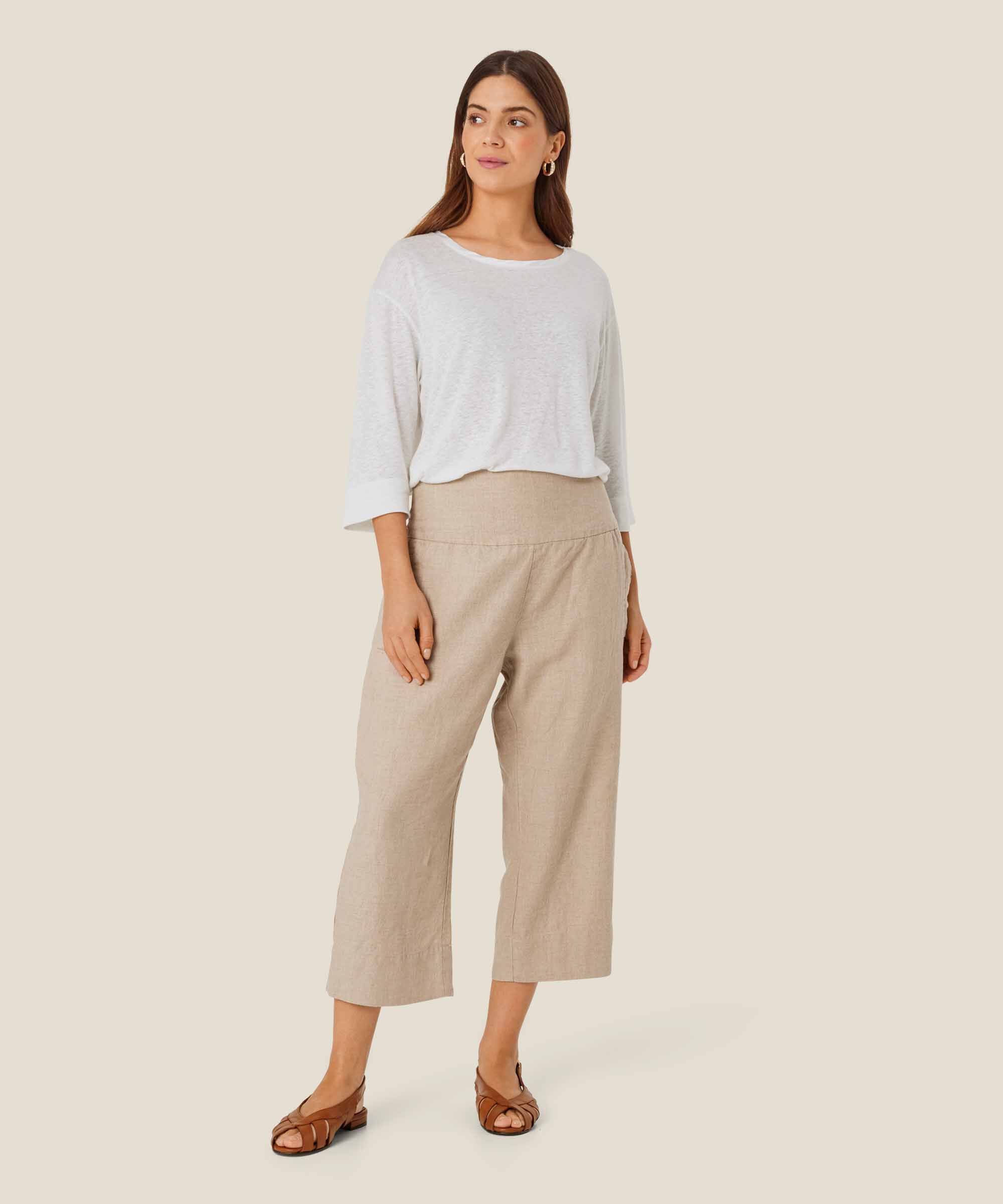 Top aus Leinenmischung mit Rundhalsausschnitt und 1/2 Ärmeln, White