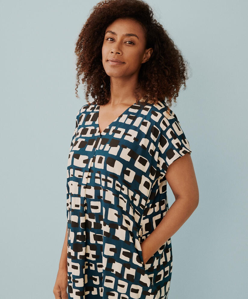 Kleid aus bedruckter Viskose mit V-Ausschnitt, Reflect Pond