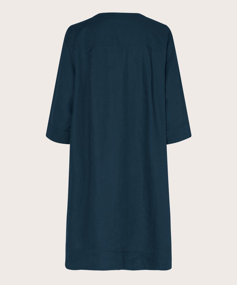 Leinenkleid mit V-Ausschnitt und Eingrifftaschen, Navy