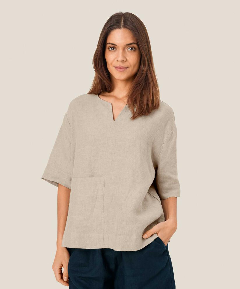 Bluse aus Leinen mit Vordertasche, Natural