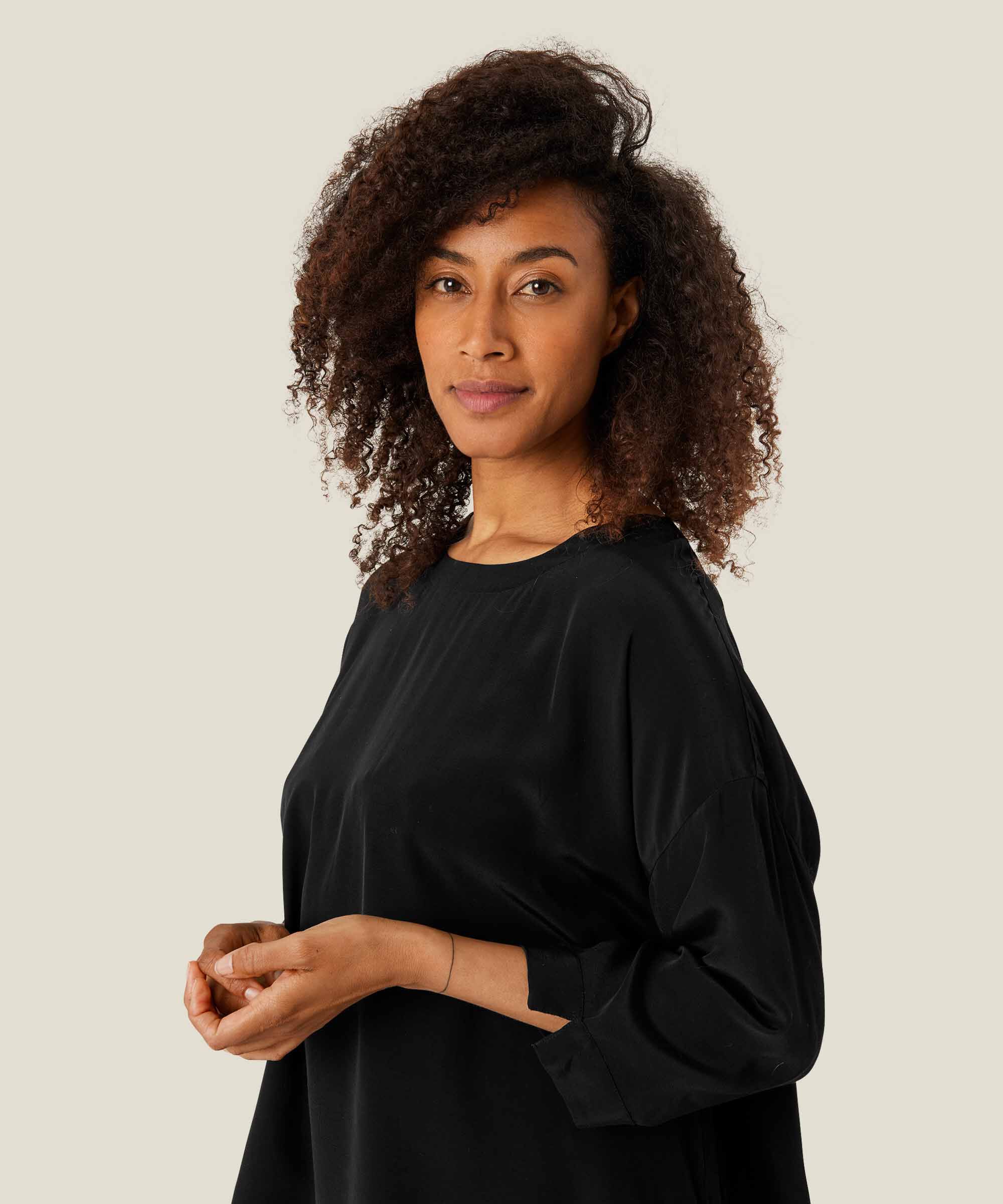 Viskosebluse Mit 3/4 Ärmeln, Black