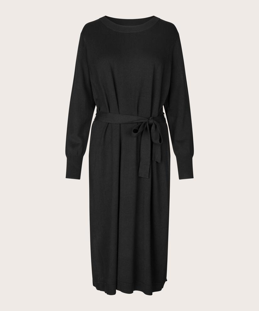 Feinstrickkleid mit langen Ärmeln und Bindegürtel, Black