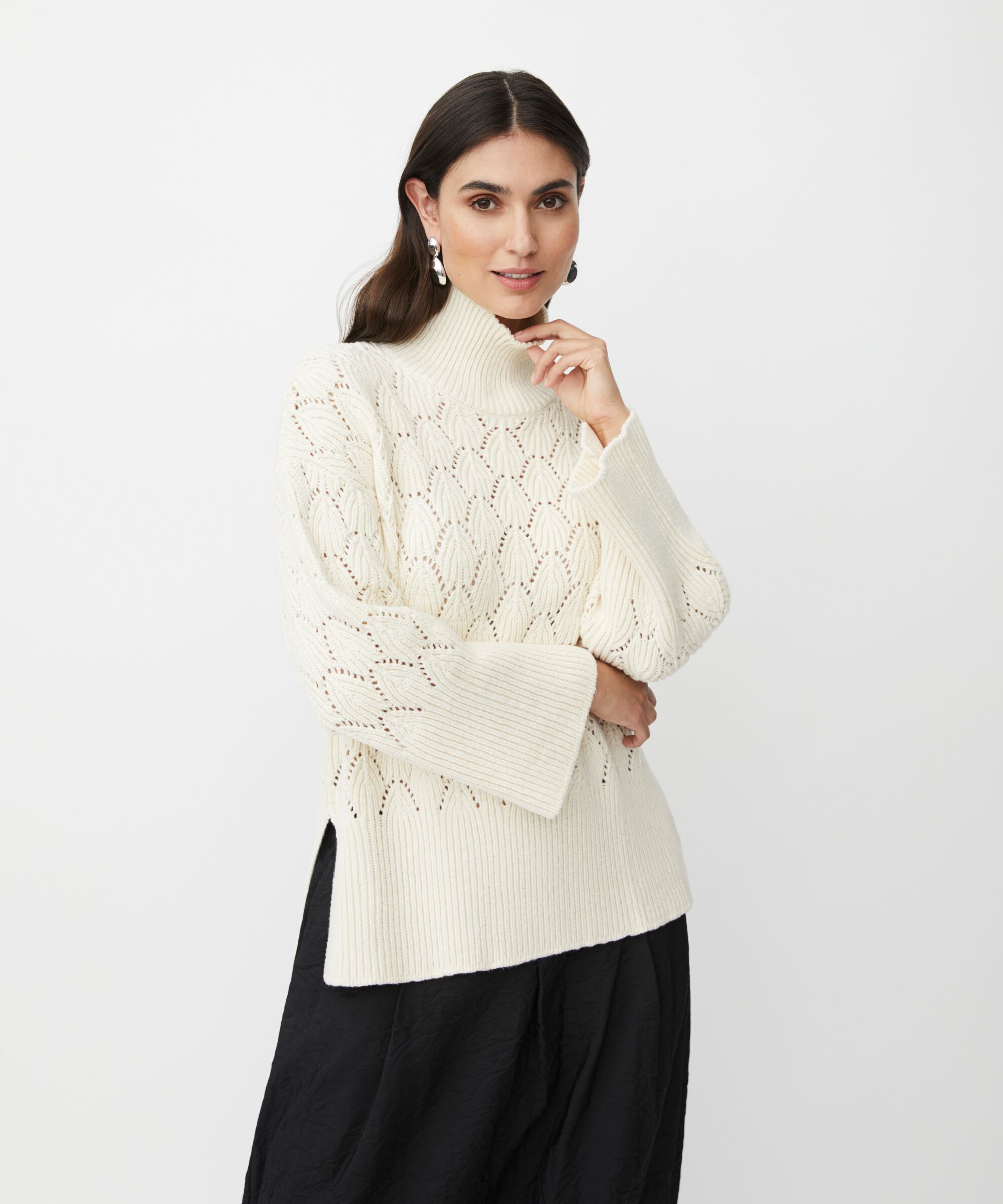 Strickpullover mit dekorativem Lochmuster und Rollkragen, Whitecap