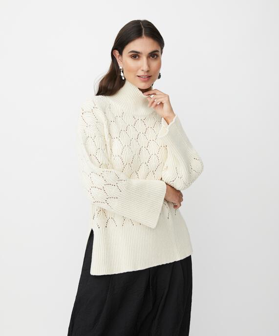 Strickpullover mit dekorativem Lochmuster und Rollkragen, Whitecap