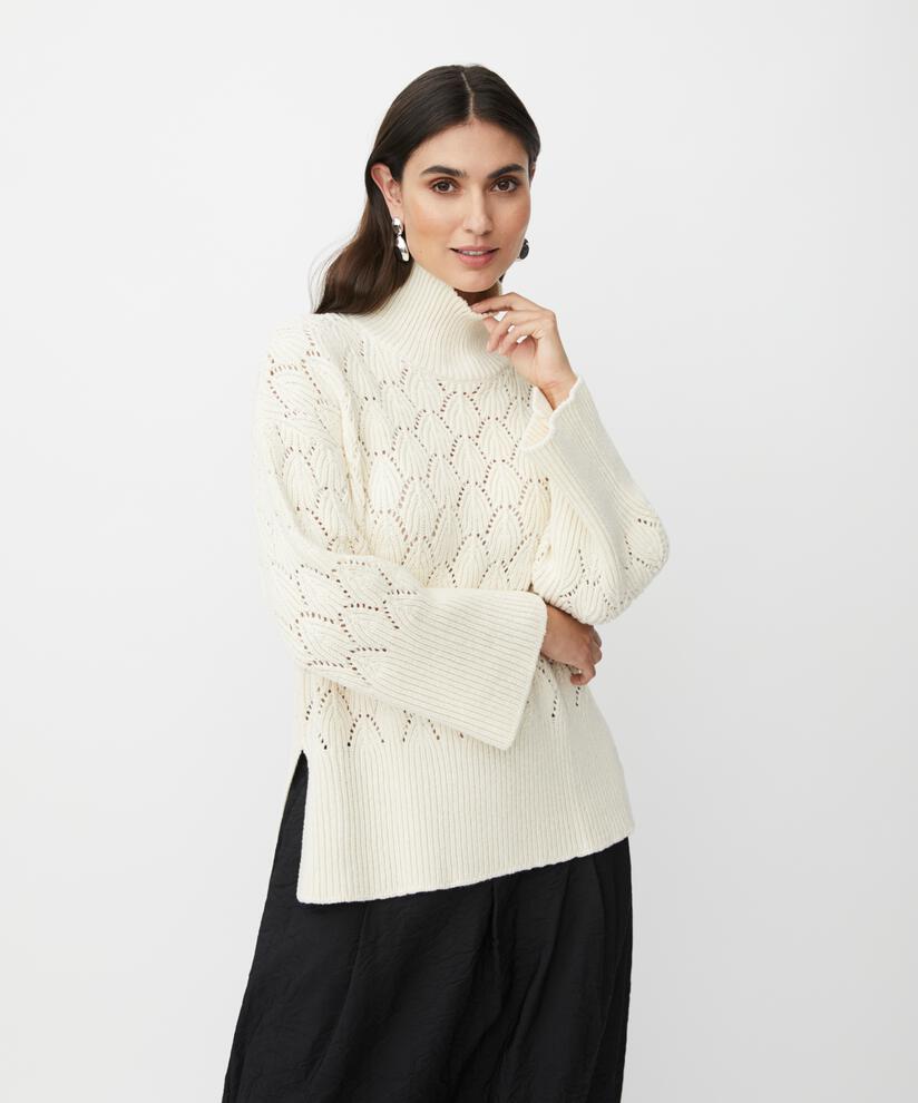 Strickpullover mit dekorativem Lochmuster und Rollkragen, Whitecap