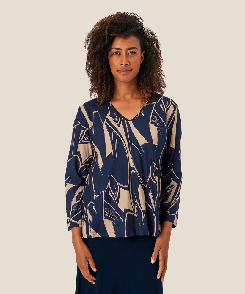 Viskosebluse mit V-Ausschnitt und langen Ärmeln, Navy Blazer