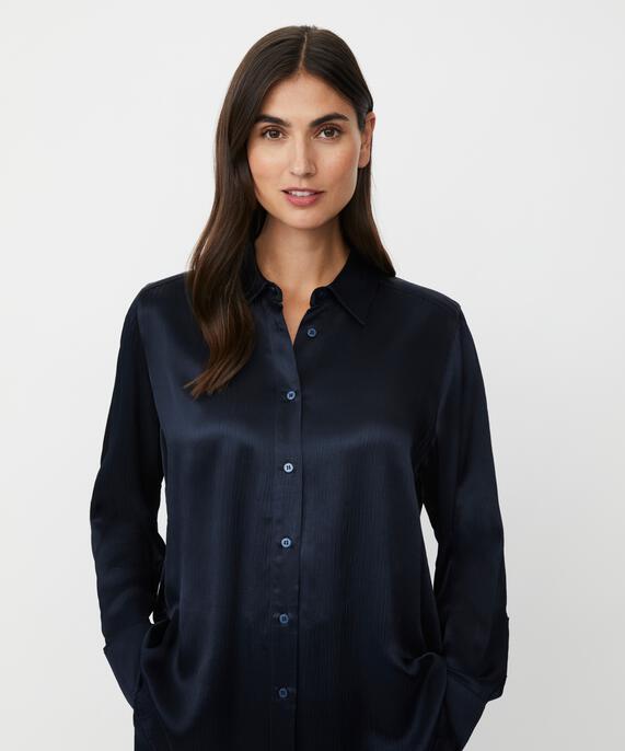 glänzendes Viskose-Shirt mit gerippter Oberfläche, Navy Blazer
