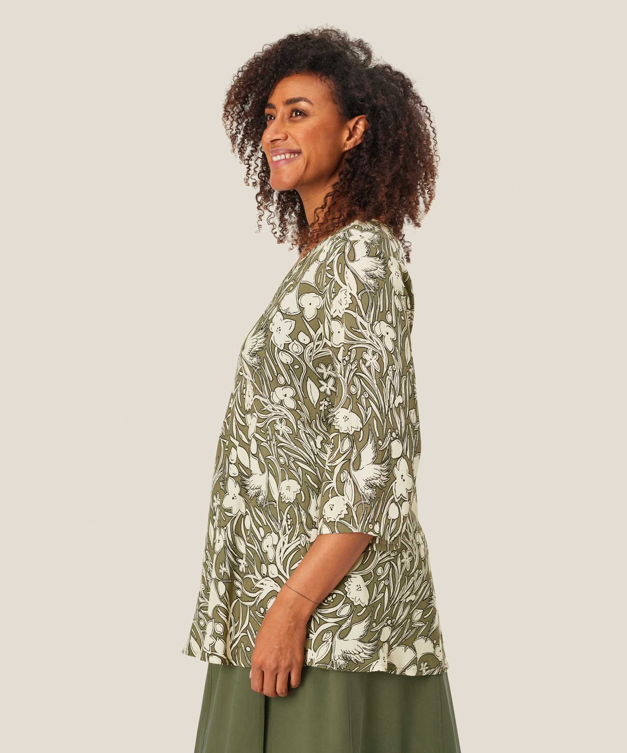 Gemustertes Viskose-top Mit Dreiviertelärmeln, D. Lichen Green