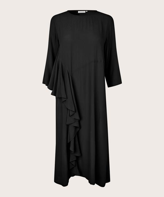 Viskosekleid mit Rundhalsausschnitt und Rüschen, Black