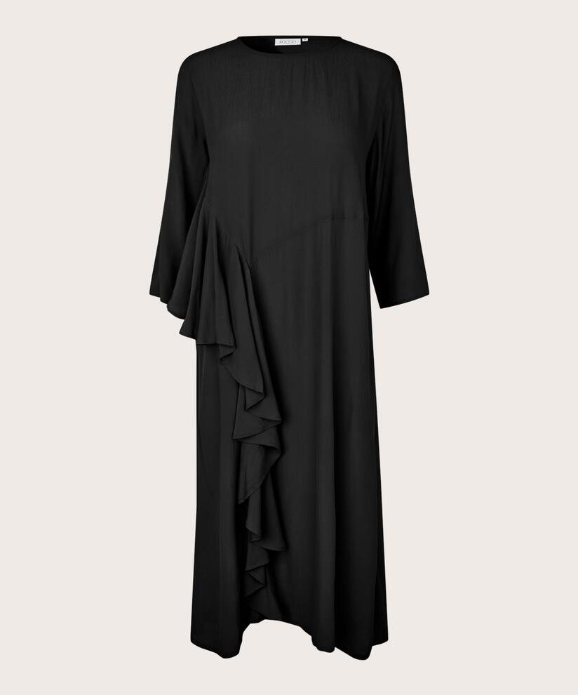 Viskosekleid mit Rundhalsausschnitt und Rüschen, Black