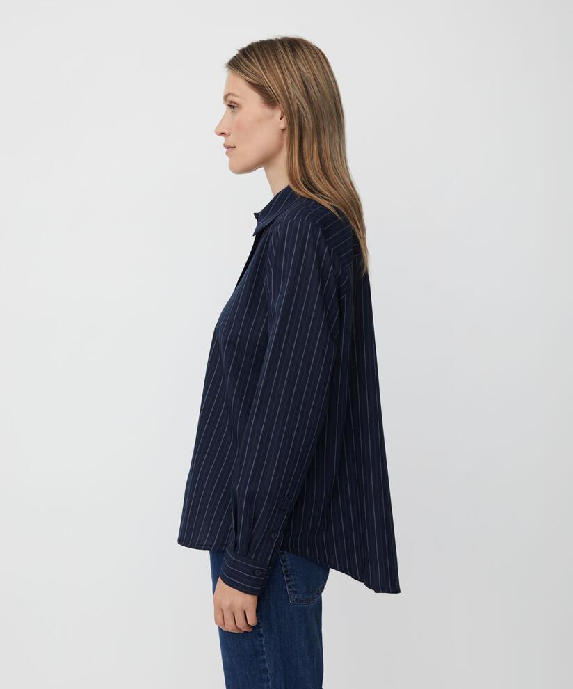 Nadelstreifen-Baumwollhemd mit längerem Rücken, Navy Blazer