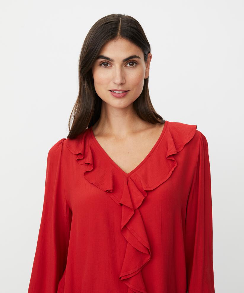Viskosebluse mit V-Ausschnitt und Rüschen, Scarlet Sage