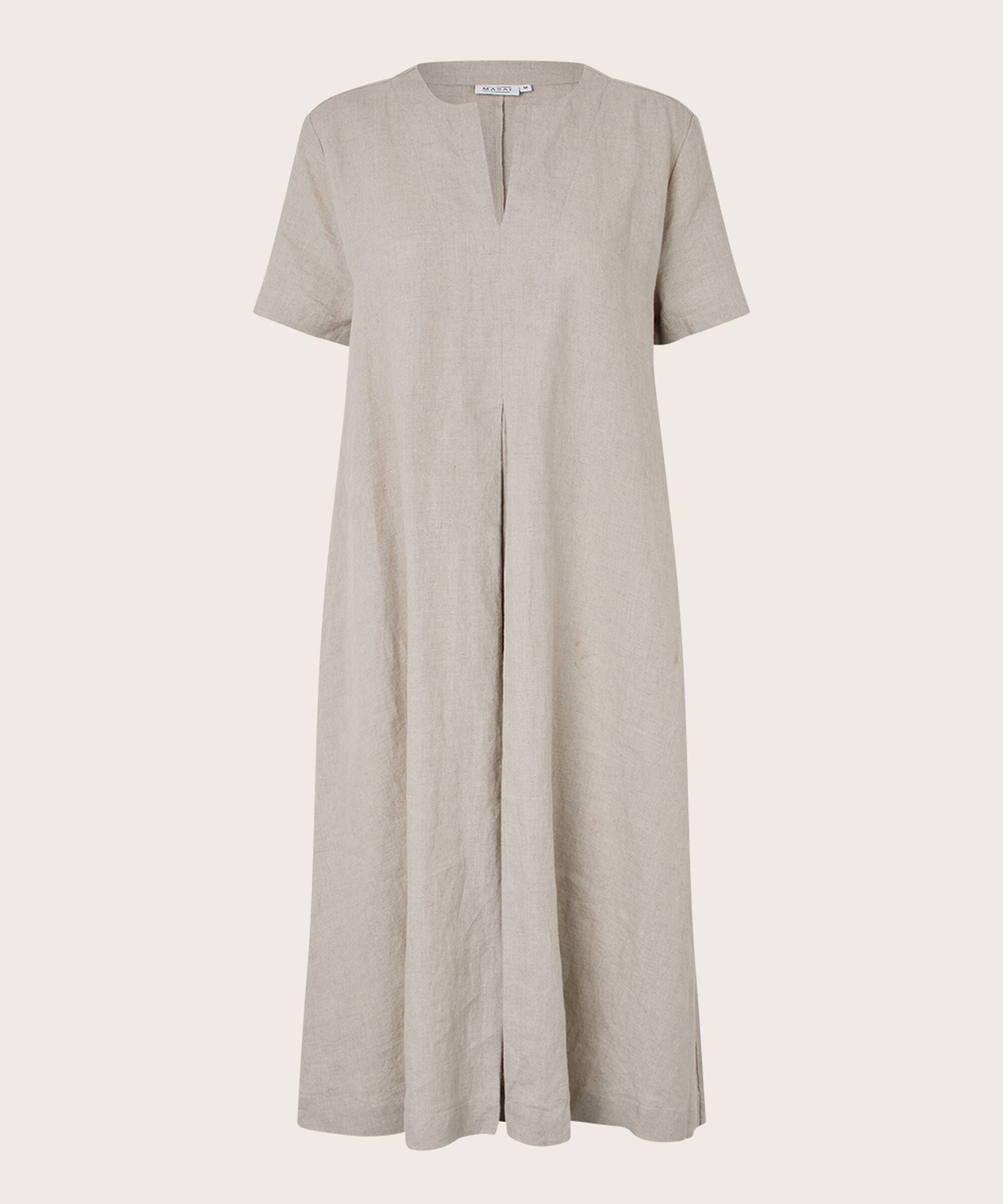 kurzärmliges Leinenkleid mit Eingrifftaschen, Natural