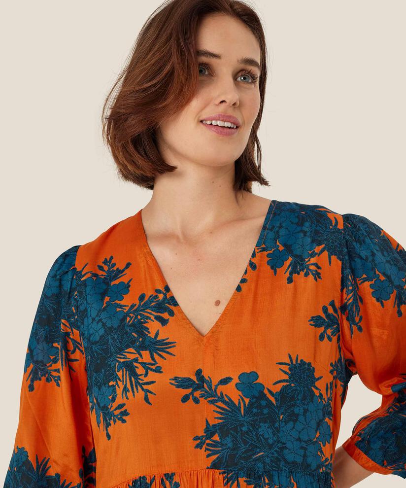 Bedrucktes Viskosekleid mit V-Ausschnitt, Russ Orange