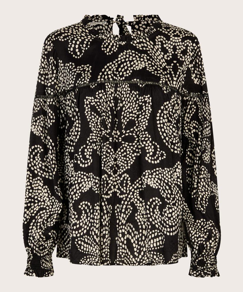 Bluse mit Rüschen am Hals und Spitze, Black