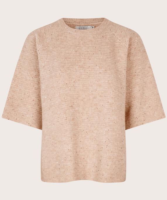 Kurzarmpullover aus Wollmischung mit Pailletten, Bisquit