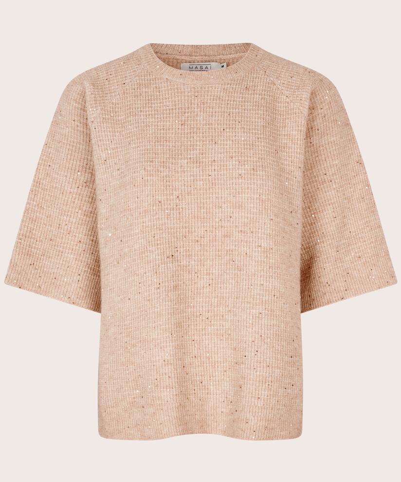 Kurzarmpullover aus Wollmischung mit Pailletten, Bisquit