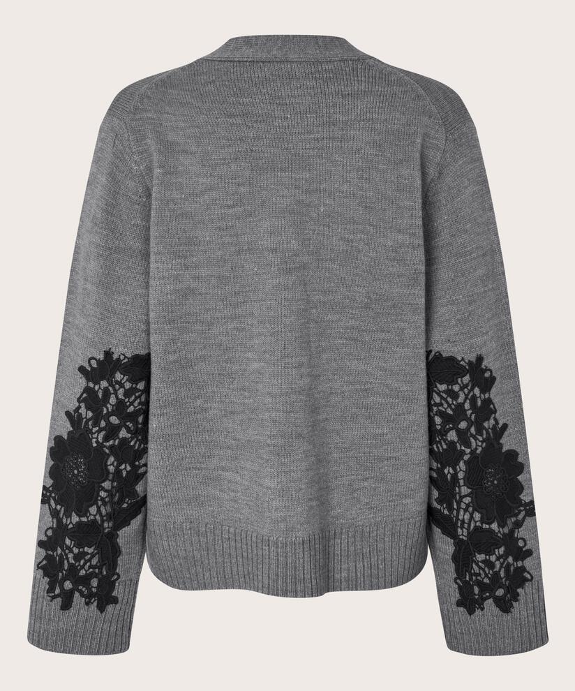 Cardigan mit aufgenähter Spitze und gerippten Kanten, M. Grey mel.