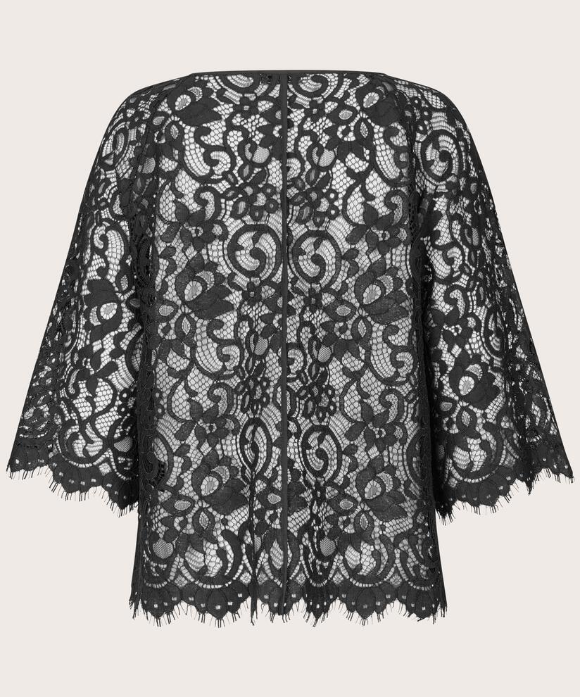 transparente Spitzenbluse mit Fransen, Black