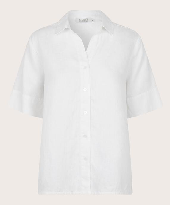 Leinenhemd mit kurzen Ärmeln und V-Ausschnitt, White