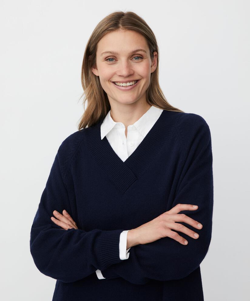 Pullover aus Wollmischung mit tiefem V-Ausschnitt, Navy Blazer