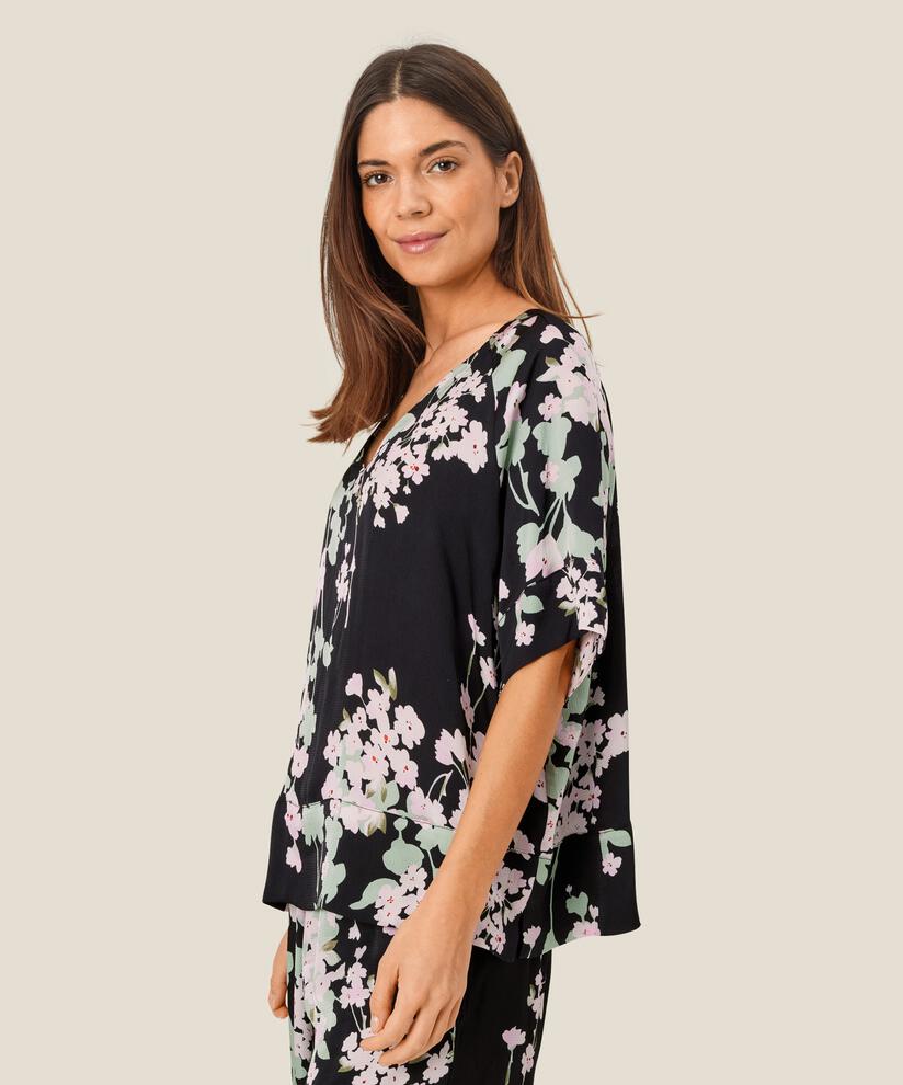 Geblümte Viskosebluse mit kurzen Ärmeln, Pink Lady