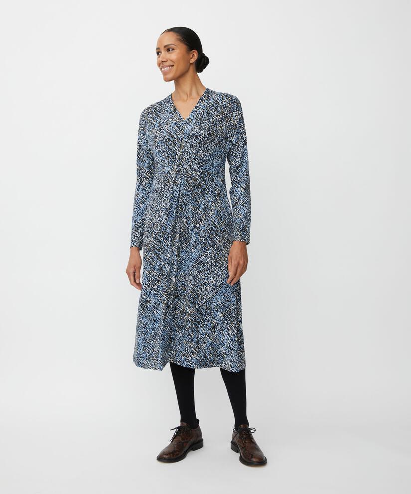 gemustertes Jerseykleid mit Eingrifftaschen und V-Ausschnitt, Proven Blue