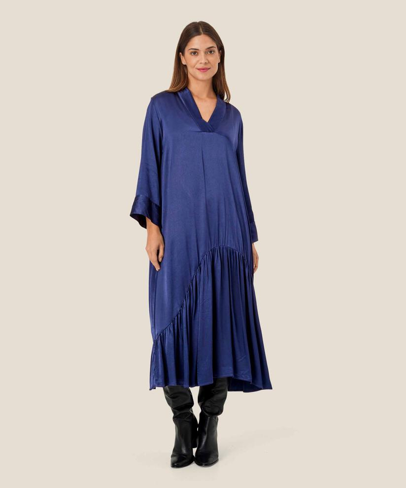 Kleid aus Viskosesatin mit V-Ausschnitt, Medieval blue