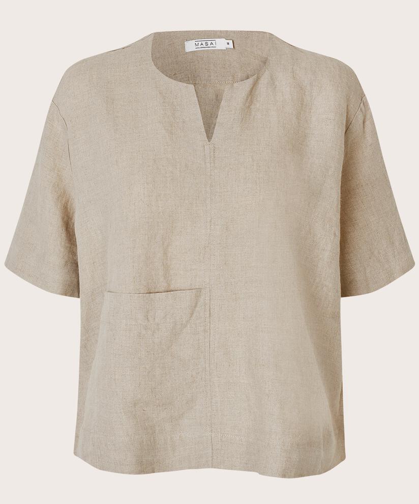 Bluse aus Leinen mit Vordertasche, Natural