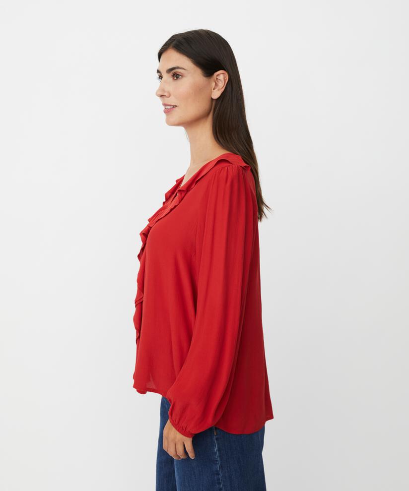 Viskosebluse mit V-Ausschnitt und Rüschen, Scarlet Sage
