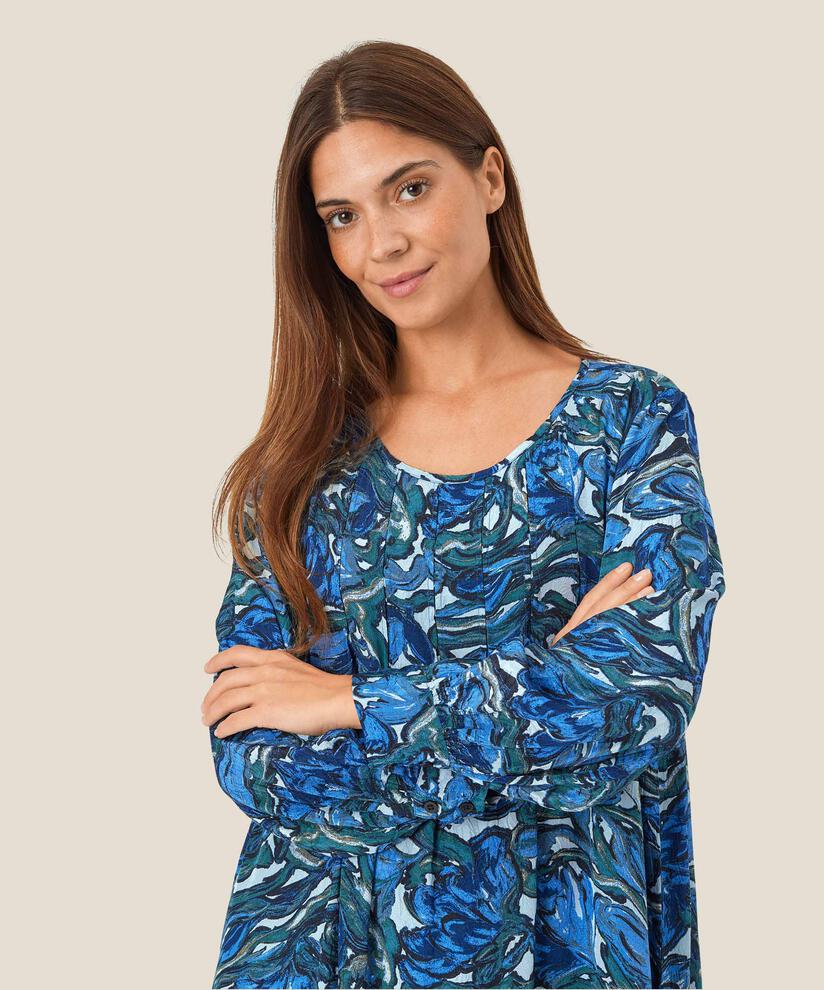 Bedrucktes Viskosekleid mit langen Ärmeln, Blue Fog