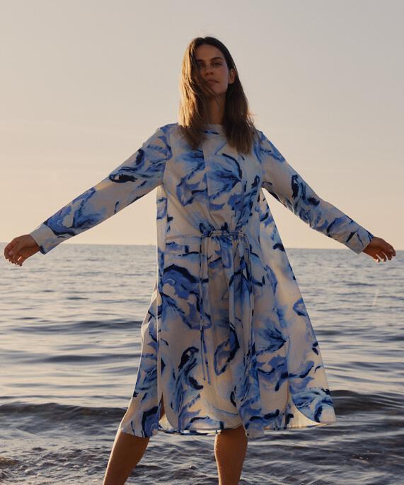 Baumwollkleid mit Bindeband in der Taille und Schlitzen an der Seite, Powder Blue