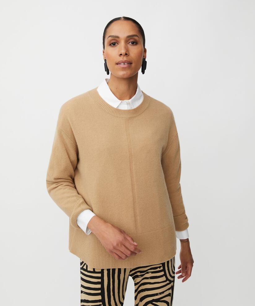 Langärmliger Wollpullover Mit Gerippten Kanten, Travertine