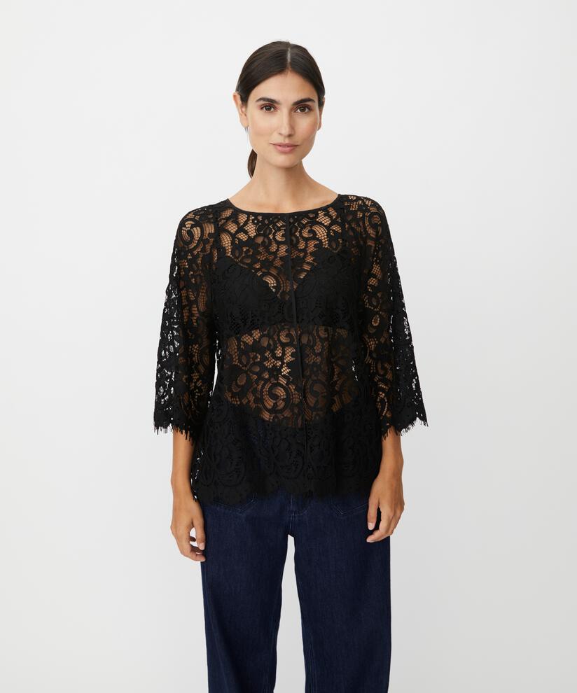 transparente Spitzenbluse mit Fransen, Black