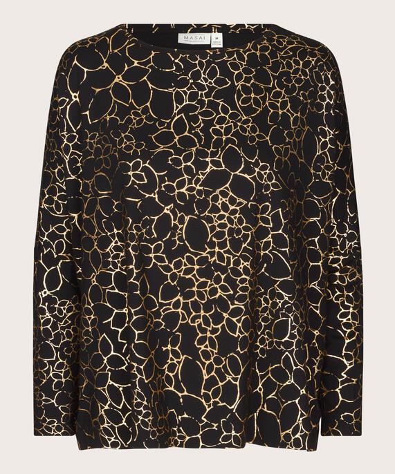 Oversize-Jersey-Top mit schmalen Ärmeln und Goldprint, Gold