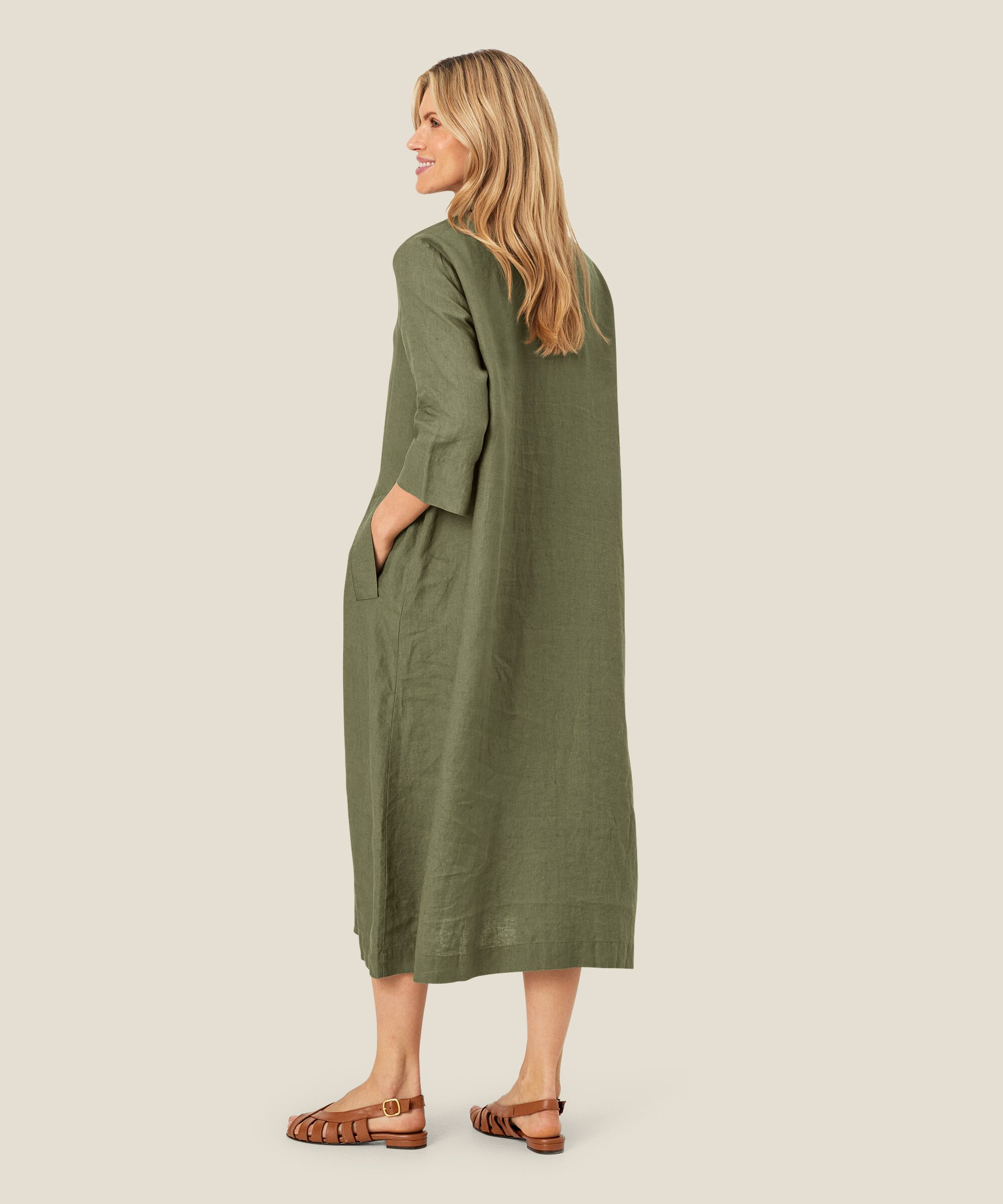 Leinenkleid mit V-Ausschnitt und Taschen, D. Lichen Green